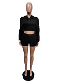 Tassel Hooded Crop Top+Bike Shorts Sets MEM-88408
