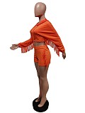 Tassel Hooded Crop Top+Bike Shorts Sets MEM-88408