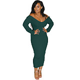 Solid Color Long Sleeve Ribbed Knitted Dress XMY-9339