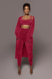 Plush Solid Long Sleeve Cardigan Tank Top Pants Set MDF-5274