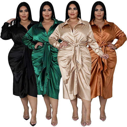 Solid Ladies Lapel Button Up Pleated Shirt Dresses ASL-7059