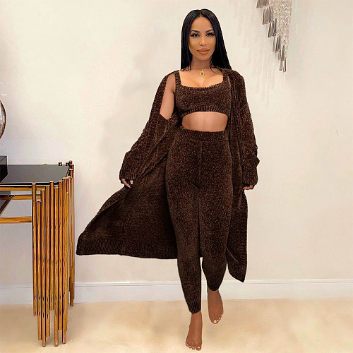 Plush Solid Long Sleeve Cardigan Tank Top Pants Set MDF-5274