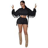 Tassel Hooded Crop Top+Bike Shorts Sets MEM-88408