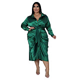 Solid Ladies Lapel Button Up Pleated Shirt Dresses ASL-7059