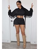 Tassel Hooded Crop Top+Bike Shorts Sets MEM-88408