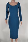 Solid Color Long Sleeve Ribbed Knitted Dress XMY-9339