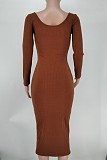 Solid Color Long Sleeve Ribbed Knitted Dress XMY-9339