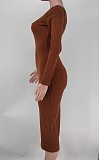 Solid Color Long Sleeve Ribbed Knitted Dress XMY-9339
