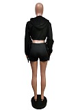 Tassel Hooded Crop Top+Bike Shorts Sets MEM-88408