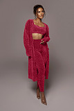 Plush Solid Long Sleeve Cardigan Tank Top Pants Set MDF-5274