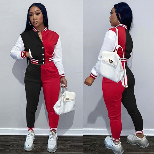Patchwork Baseball Jacket+Pants Two Piece Set OY-6316