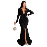 Long Sleeve V Neck Elegant Split Fishtail Dress YF-10036