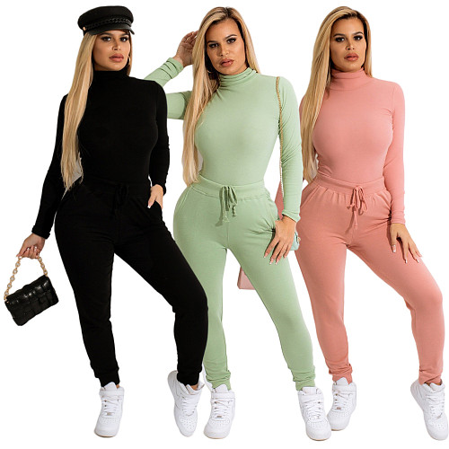 Turtleneck Long Sleeve T Shirts Skinny Pants Matching Set HANI-069