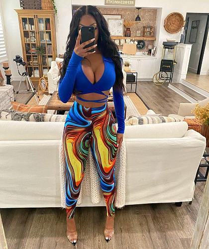 Long Sleeve Bandage Crop Top Print Pants Suits LSL-6483