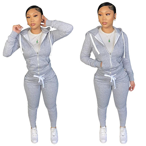 Solid Zip Long Sleeve Hoodie Sweatpants Outfits CH-8195