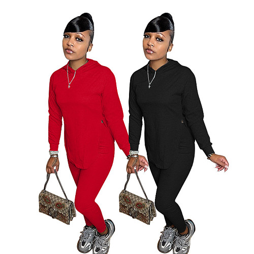 Side Slit Hooded Sweatshirt And Pants Set FOS-8106