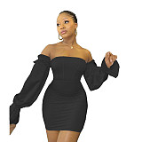 Solid Off The Shoulder Long Sleeve Short Dress BN-9310