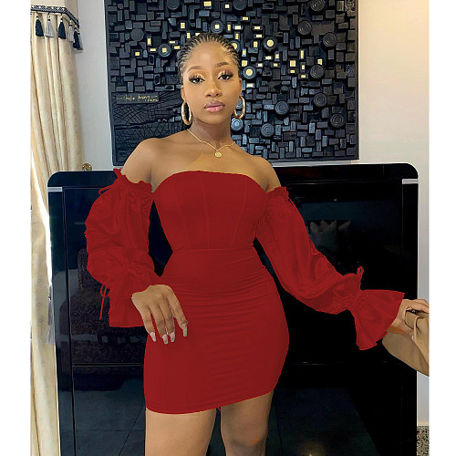 Solid Off The Shoulder Long Sleeve Short Dress BN-9310