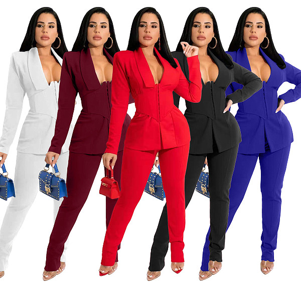 Solid Blazers with Girdle Corset and Pants Suit TK-62010