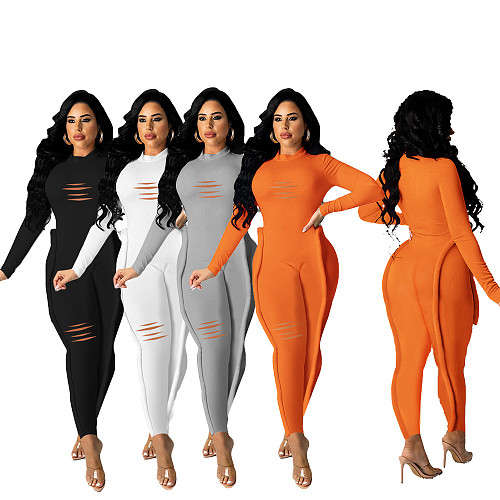 Solid Hole Long Sleeve Skinny Pencil Jumpsuits SD-29132