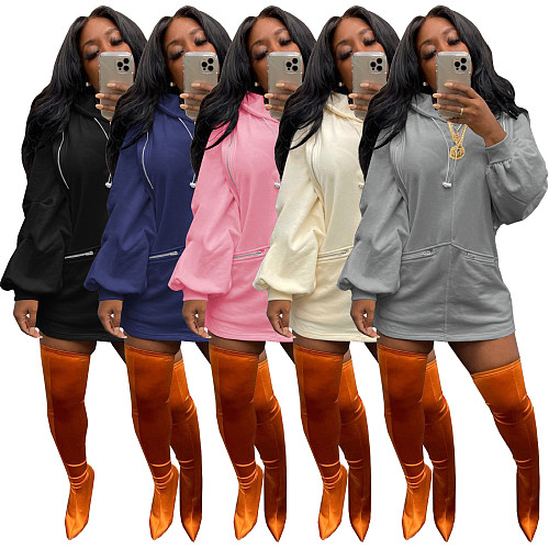 Long Sleeve Party Zip Hoodie Loose Casual Dresses GLS-10070