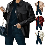 Faux PU Leather Lapel Single-breasted Jacket HX-1147
