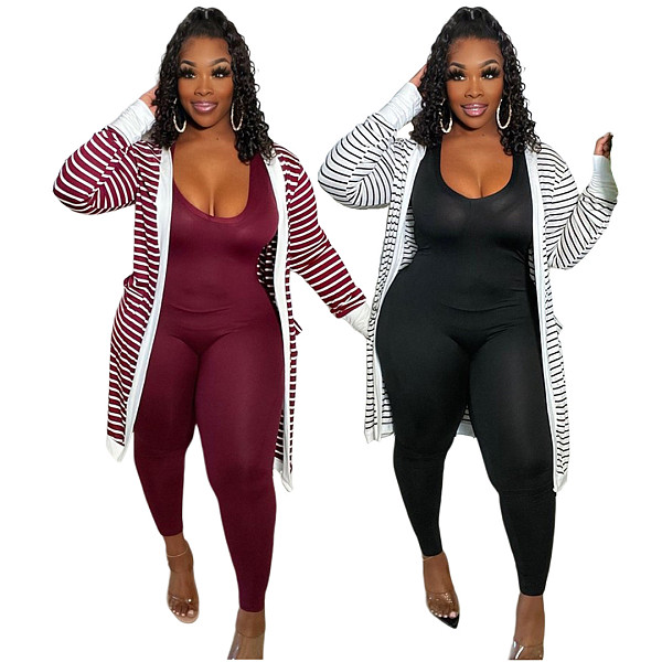 Stripe Printed Slim Fit Pocket Cardigan Loose Coat ASL-6536