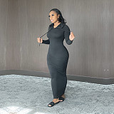 Solid Hooded Long Sleeve Bodycon Maxi Dress BN-9314