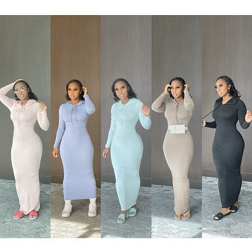 Solid Hooded Long Sleeve Bodycon Maxi Dress BN-9314