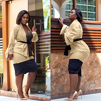 Cardigan Top And Color Patchwork Pencil Dress Set MDF-5276