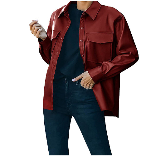 Faux PU Leather Lapel Single-breasted Jacket HX-1147