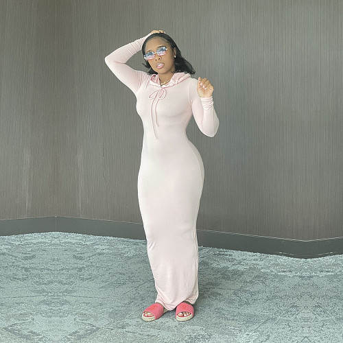 Solid Hooded Long Sleeve Bodycon Maxi Dress BN-9314