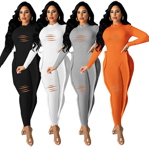 Solid Hole Long Sleeve Skinny Pencil Jumpsuits SD-29132