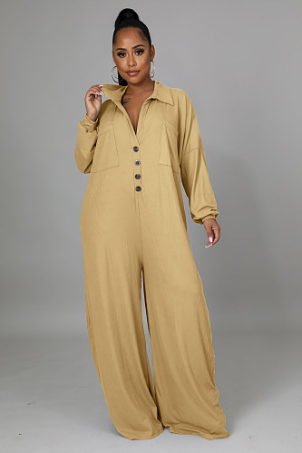 Solid Color Turn Down Collar Wide Leg Jumpsuit HM-6601