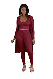 Ribbed Long Cardigan Crop Top and Pants 3 Piece Set FSX-314
