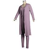 Ribbed Long Cardigan Crop Top and Pants 3 Piece Set FSX-314