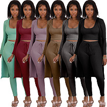 Ribbed Long Cardigan Crop Top and Pants 3 Piece Set FSX-314