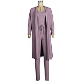 Ribbed Long Cardigan Crop Top and Pants 3 Piece Set FSX-314