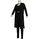 Ribbed Long Cardigan Crop Top and Pants 3 Piece Set FSX-314