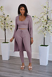 Ribbed Long Cardigan Crop Top and Pants 3 Piece Set FSX-314