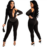 Black Hollow Out Long Sleeve Bodycon Jumpsuit LSL-6485