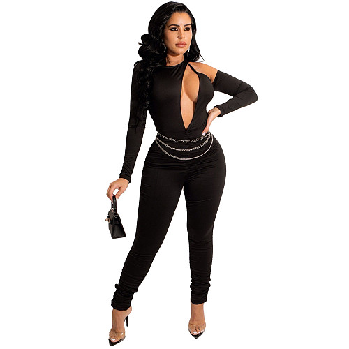 Black Hollow Out Long Sleeve Bodycon Jumpsuit LSL-6485