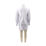 Long Sleeve Commuter Single-breasted Pleated Dress HANI-067
