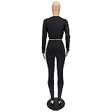 Patchwork Solid Crop Tops Skinny Pants Two Piece Set WSM-5284