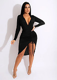 Velvet Slim Wrap V Neck Drawstring Dress XMY-9342