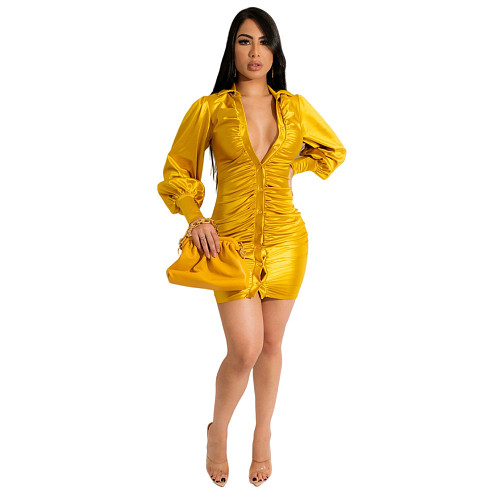 Long Sleeve Commuter Single-breasted Pleated Dress HANI-067