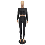Patchwork Solid Crop Tops Skinny Pants Two Piece Set WSM-5284