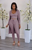 Ribbed Long Cardigan Crop Top and Pants 3 Piece Set FSX-314