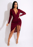 Velvet Slim Wrap V Neck Drawstring Dress XMY-9342