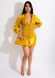 Long Sleeve Commuter Single-breasted Pleated Dress HANI-067